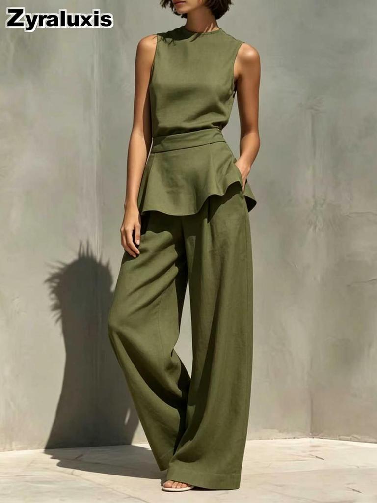 New Women's Sleeveless Vest Wide Leg Pants Cotton Linen Two Piece Set Female Clothing