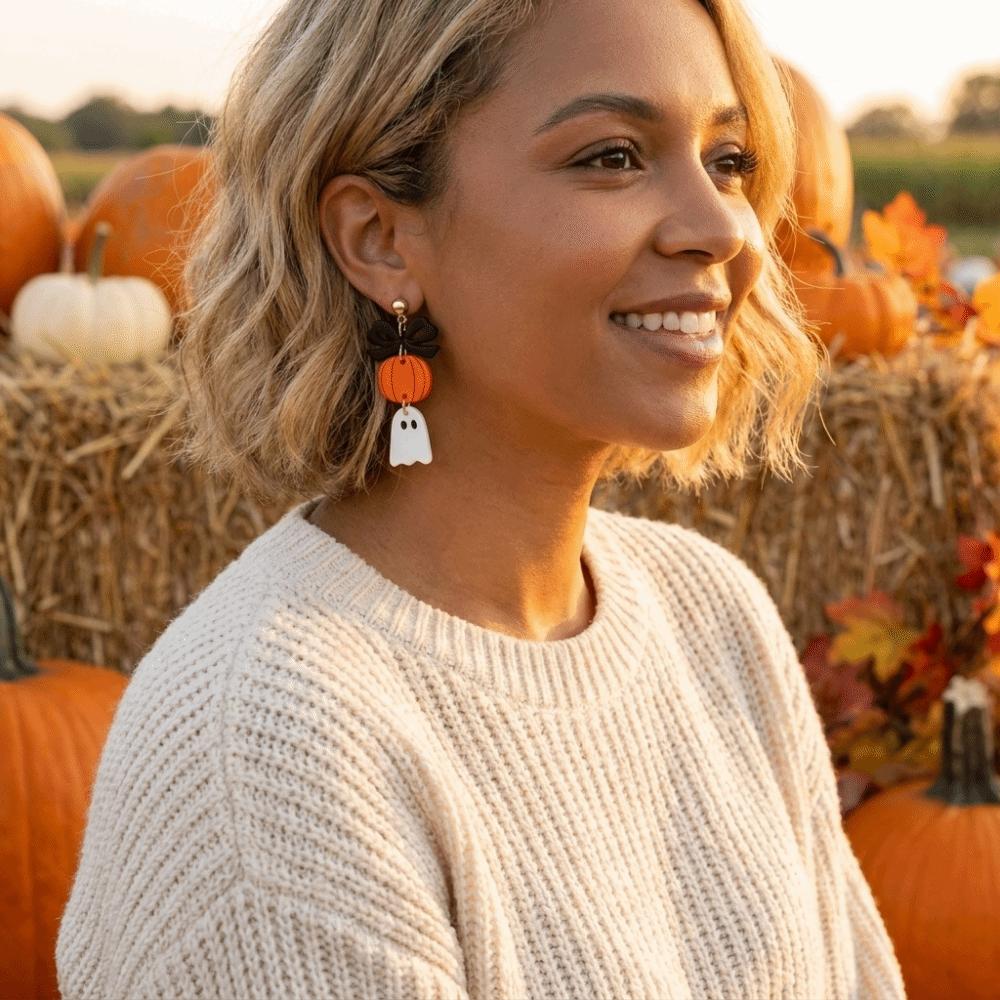 Acrylic Bow Ghost Pumpkin Earrings Spooky Charm Halloween Dangle Earrings Gothic Dress Up