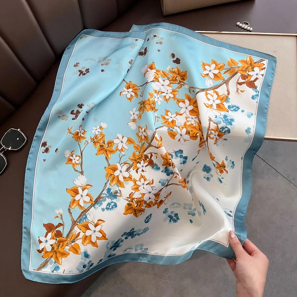 New Imitation Silk Scarf Women Square Neckerchief Foulard Female Hairbands Fashion Floral Bandana