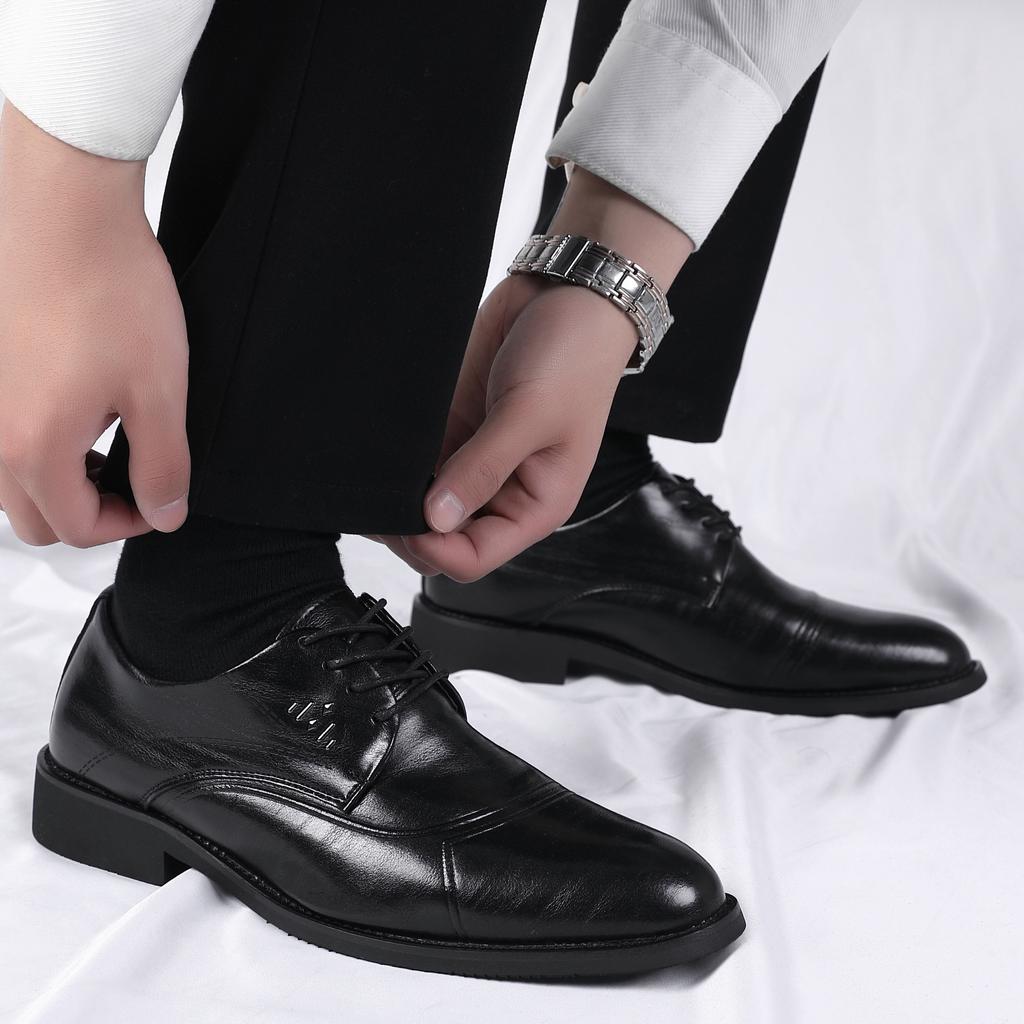 Spring Leather Shoes Men's Business Dress Genuine Leather Casual British Pointed Head Korean Version Trend Breathable Inner Height Increase Men's L