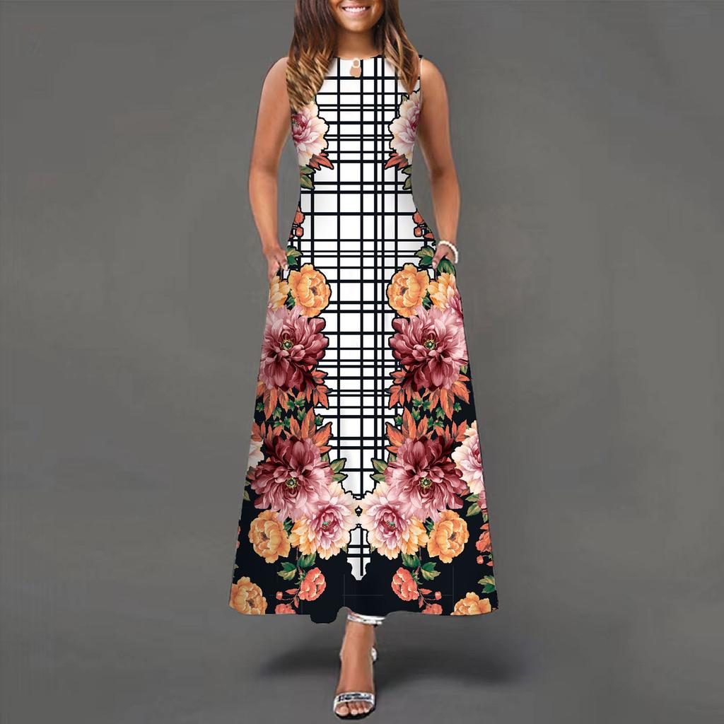Women's Casual Printing Big Hem Dresswave Round Neck Sleeveless Long Dress