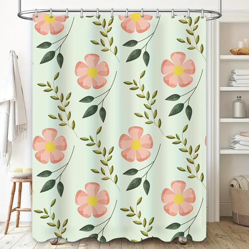 Delightful Floral Shower Curtain with Green Branches Pink White 3D Printed Decorative Bath Mat Cover for Bathroom Accessories Si