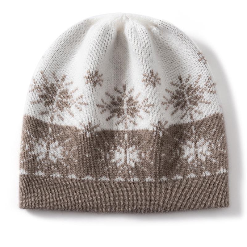Cashmere Hat Women's Autumn and Winter New Snowflake Jacquard Fashion Color Matching Bag Head Warm Versatile Cold Knitted Ear Hat