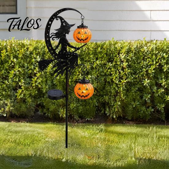 Halloween Lawn Ornaments Solar Garden Stake Light, Witch Pumpkin Moon Lantern, Trick or Treat Yard Accents IP44 Waterproof Metal Outdoor Decor