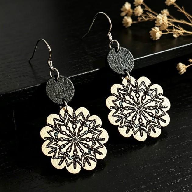 Cross Retro Bohemian Ethnic Print Patchwork Round Wooden Earrings