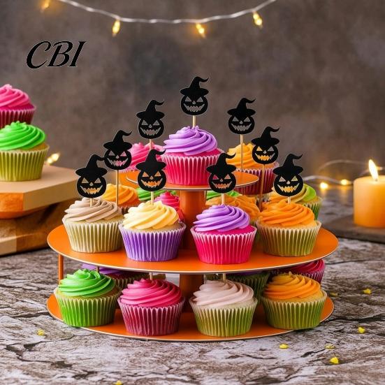 Halloween Cupcake Toppers 8 Pcs Toppers, Black Glitter Witch Hat Pumpkin Cake Topper Picks for Party Supplies, Birthday Decoration Dark