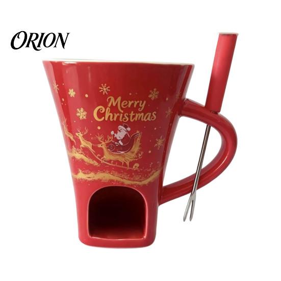 Winter Party Dessert Serving Dish Christmas Chocolate Fondue Mug with Tea Light Warmer & Forks, 155ml Ceramic Melting Gift for Lovers Pot Cheese