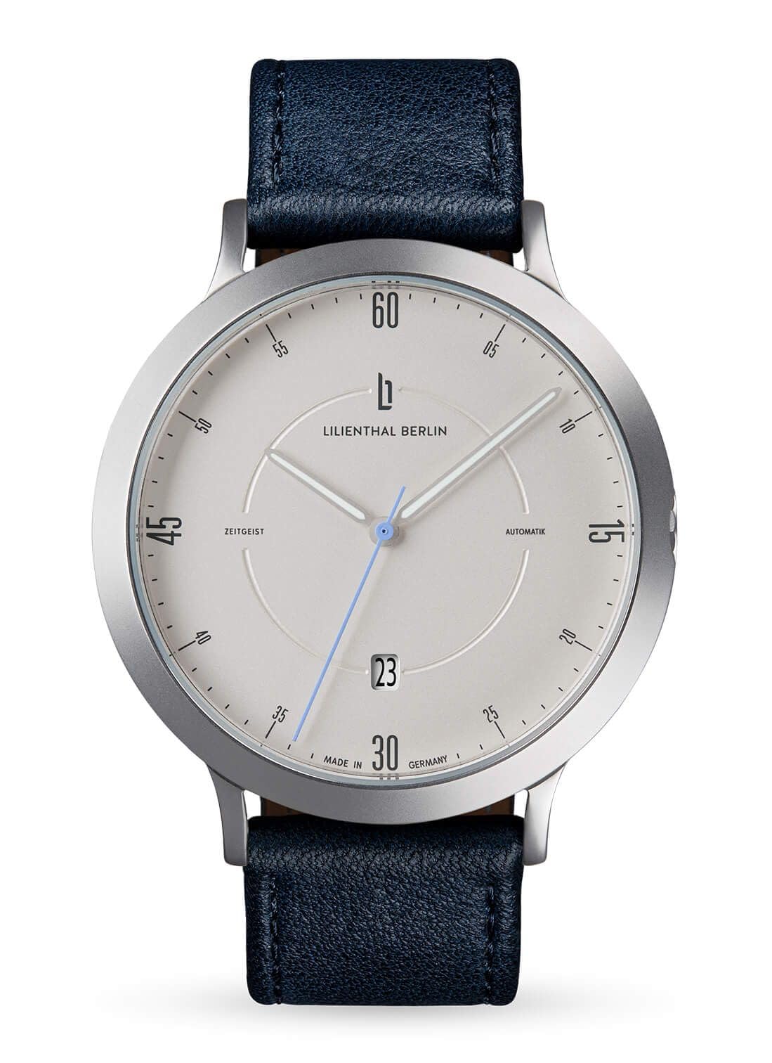 Orologio Automatico Lilianthal Berlin con Datario e Scheletrato Realizzato sul Retro Uomo, Germania, Blu, Z01-101-B003A bianco
