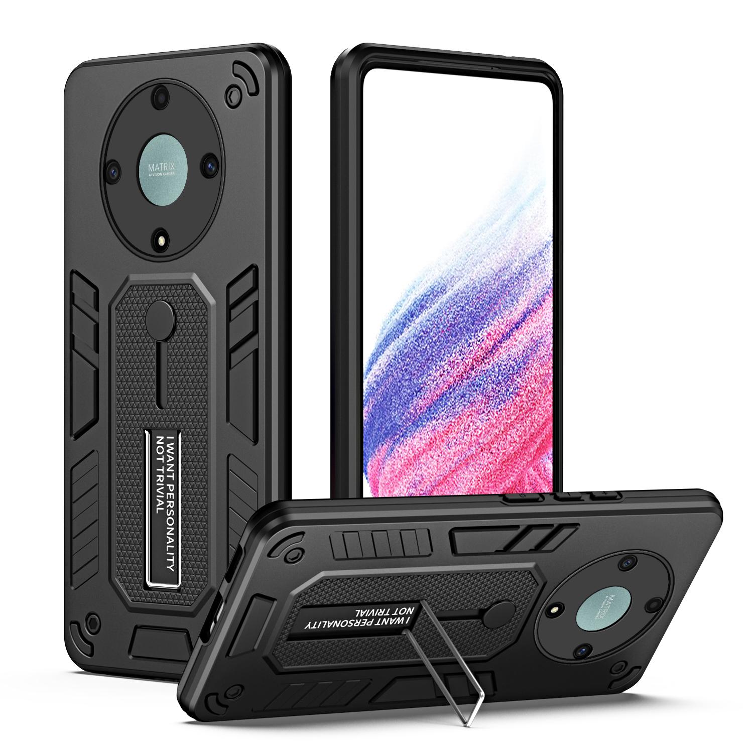 

For Honor X9a 5G/X40 5G/Magic5 Lite 5G Metal Kickstand Phone Case Silicone Ring Strap TPU+PC Cover Black