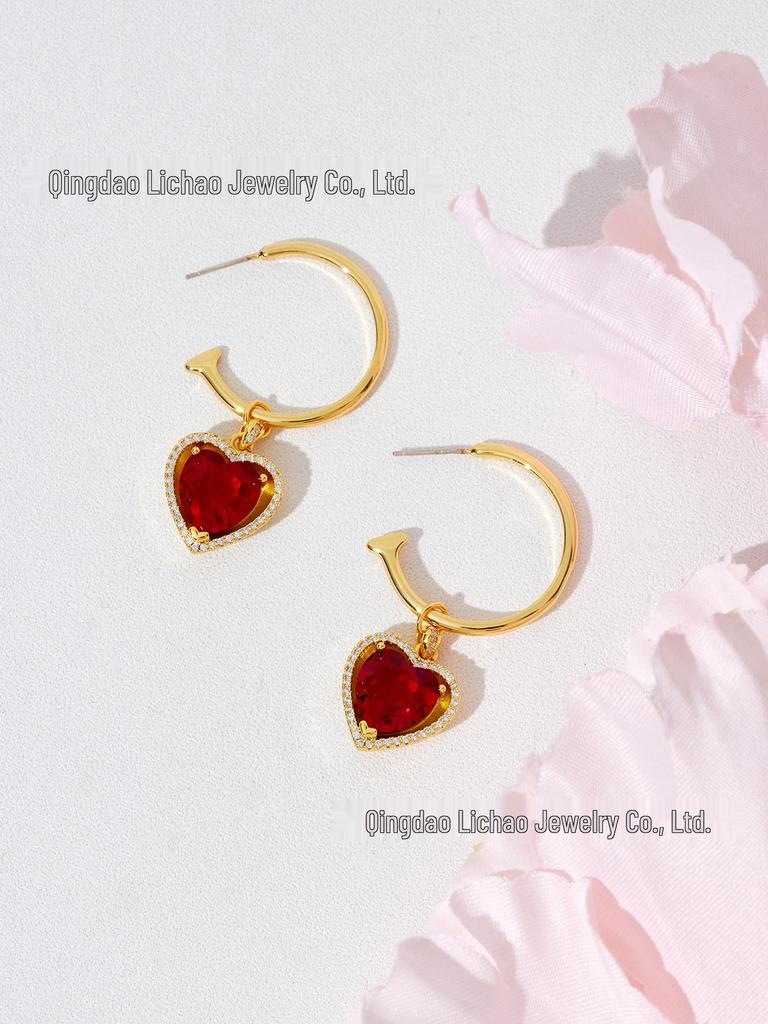 Retro Ruby and Diamond Heart Jewelry Set: Earrings, Ring, Necklace