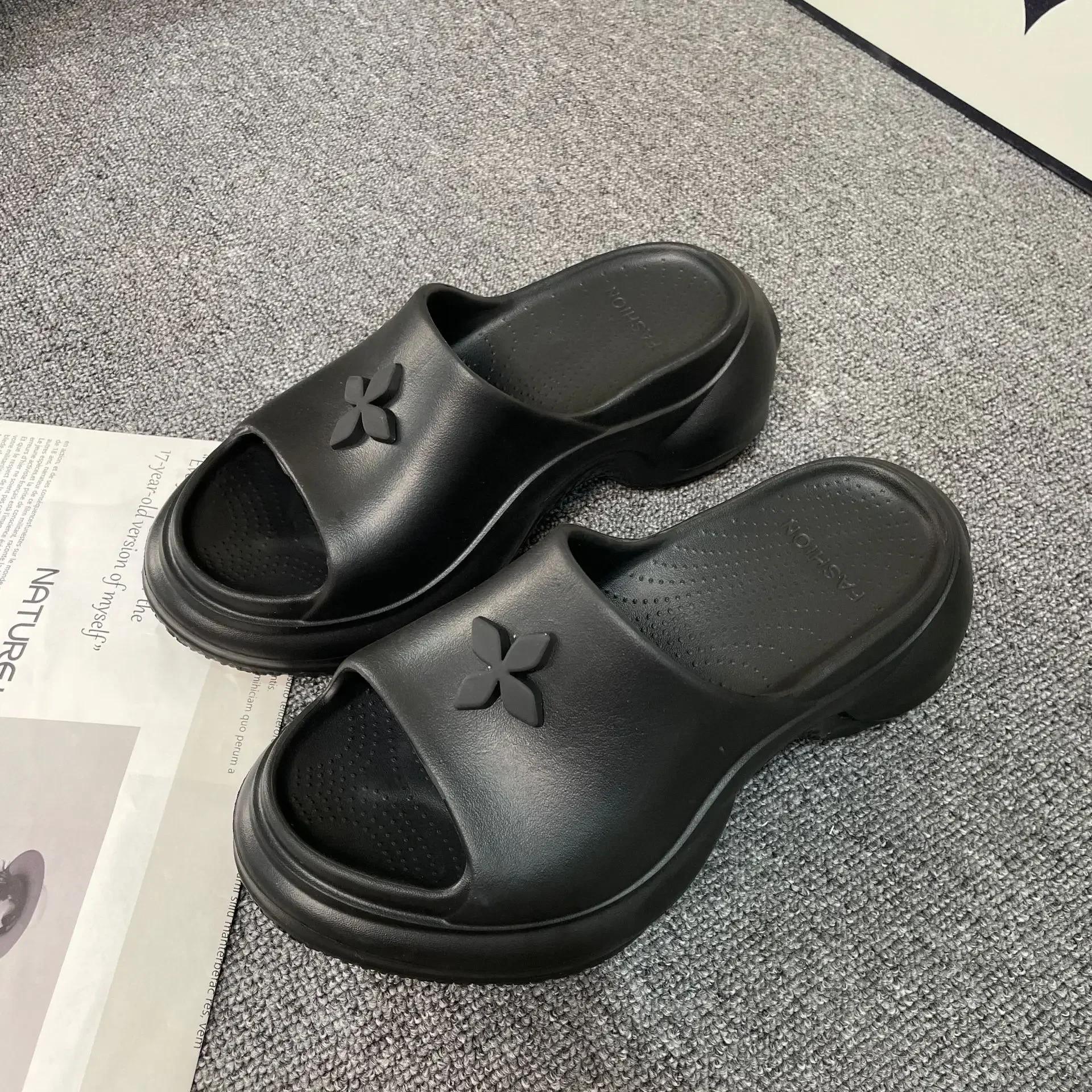 

Сандалии на толстой подошве, женские шлепанцы, летняя одежда с толстой подошвой, с подъемом, повседневная обувь с круглым носком, нескользящая, пляжная 39-40 чёрный