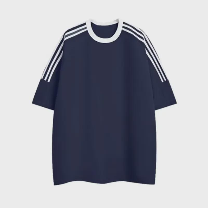 

Мужская футболка-пуловер с короткими рукавами и отделкой в стиле американского ретро с тремя полосками - повседневный летний топ с круглым вырезом Medium темно-синий