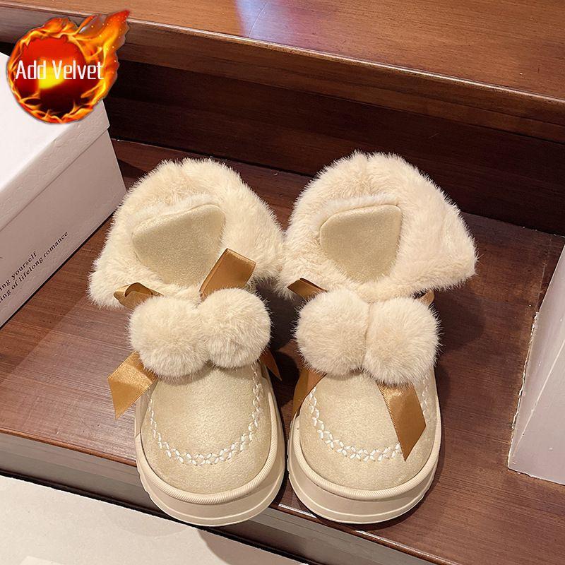 Fashion Cute Bow Snow Boots for Women Plush Round Toe Chunky Woman Shoes Non Slip Warm Footwear Trend 2025 Padded New in Winter Booties