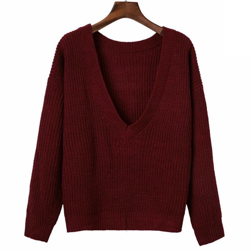 Casual Solid Knit Sweater Ladies V Neck Crew Neck Warm Daily Long Sleeve Blouse