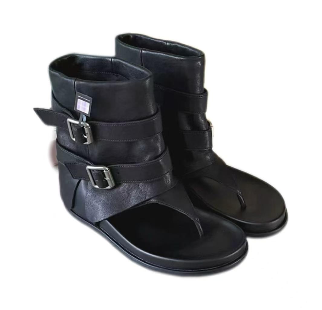 

Spot version~ Mezzanine Martin boots women s 2025 summer new versatile flat-bottomed cool boots retro buckle mid boots 40