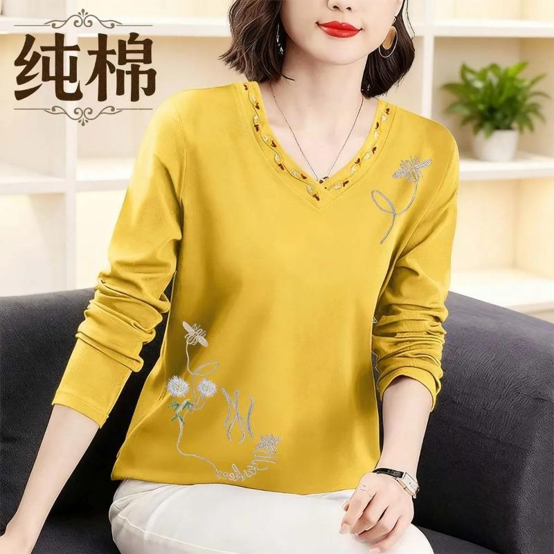 Bluze la modă cu mânecă lungă pentru femei Tricouri cu flori brodate cu decolteu în V Slim Fit și pulovere noi de toamnă