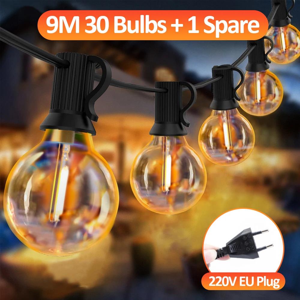 G40 LED Globe String Lights Outdoor EU Plug, IP65 Plastic Bulbs, Balcony Garland Fairy Lamps for Wedding Christmas Party Decor