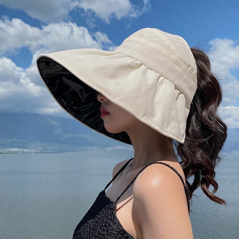 Sunscreen visor hat women's summer vinyl empty top sun hat light big brim face covering foldable bucket hat
