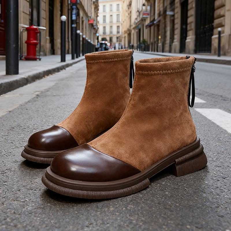Retro Style Martin Boots for Women Show Long Legs, Zipper, Thin Boots, Velvet Cotton Boots, Brown Thick-soled Small Short Boots.