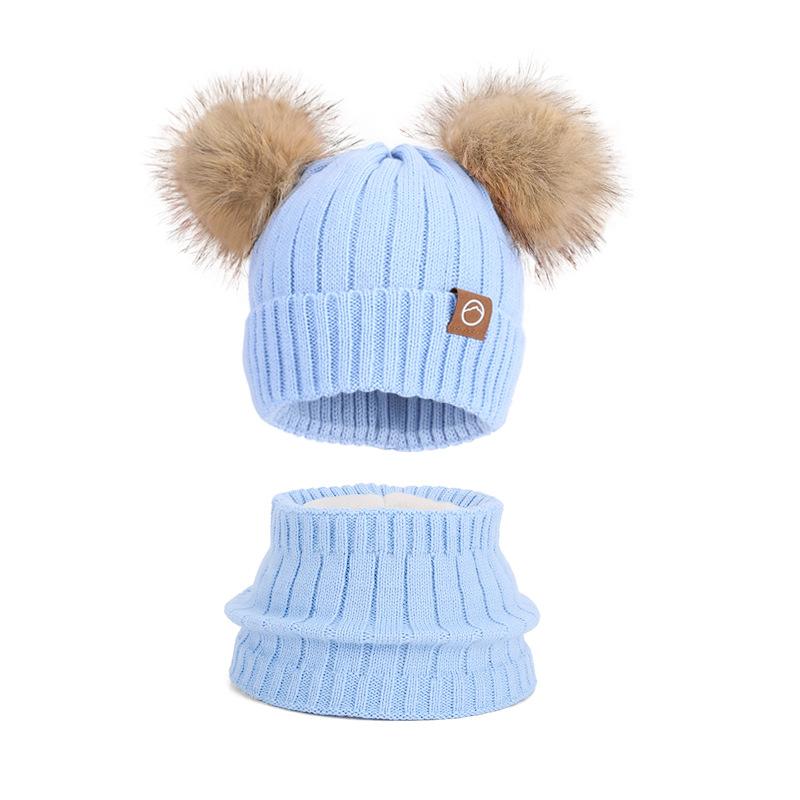 Children's hats Outdoor warm three-piece set Boys and girls fleece ear protector pullover hat Cute hairball knitted wool hat