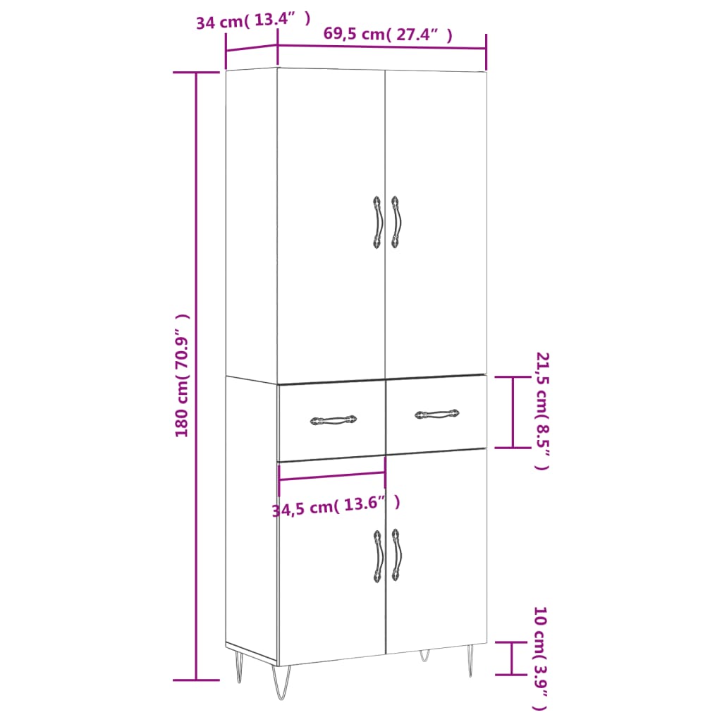 Highboard Smoked Oak 69.5 X 34 X 180 Cm Particleboard