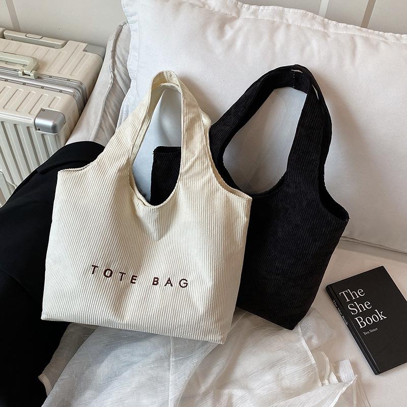 Casual Large-capacity Handbag Bag Women's 2025 New Embroidered Letter Tote Bag Corduroy Simple Underarm Bag