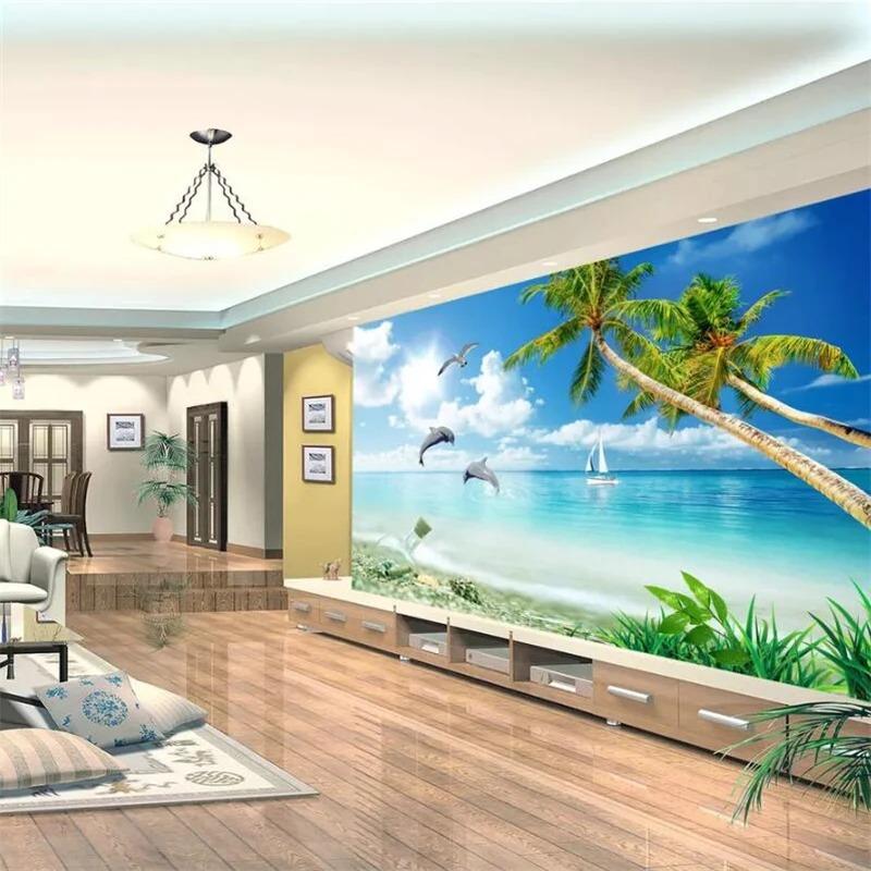 Strand-Wandbild, Sonnenschein-Himmel-Tapete, tropische Palmen, Strand-Wandbild für Wohnzimmer, Schlafzimmer, Büro