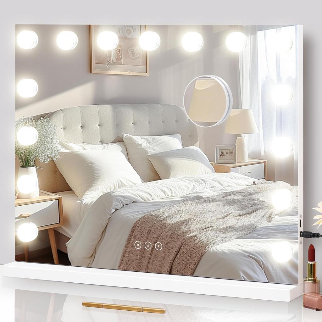NUSVAN Actress Makeup Mirror with Stepless Three Color Lighting Adjustable Large Mount LED Makeup Mirror with 15 LED 10x and USB Port Hollywood-style