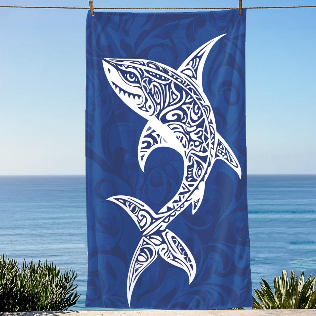 1PC Tribal Shark Beach Towel Polyester - Lightweight Quick Dry Soft Swimming Travel Towel, Blue Tribal Pattern, Unisex for Campi W30*H60(CM)