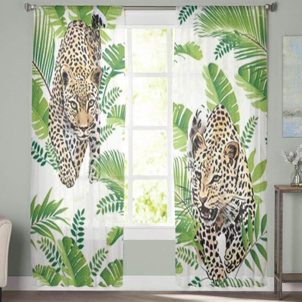 Leopard Palm Leaves Sheer Window Curtains For Living Room Bedroom Modern Voile Tulle Curtains Fabric Drapes For Kitchen