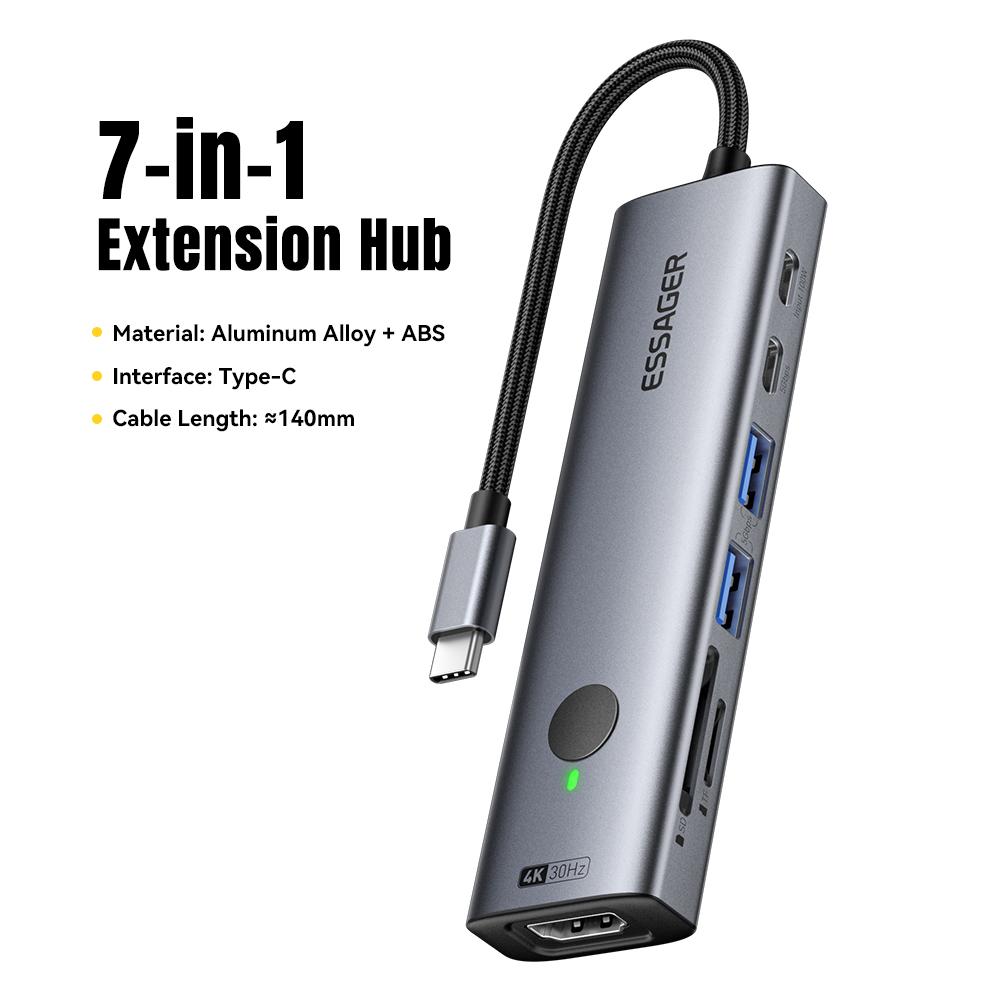 ESSAGER 7 In 1 Expansion Hub with 4K 30Hz HDMI/Type C/USB 3.0/SD TF Card Slot Docking Station