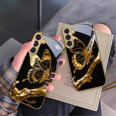 Borboleta no Galho Para Samsung Galaxy S20 FE S21 S22 S23 Plus S24 Ultra S25Ultra S21+ S9+ S22Plus Capa de telefone de vidro dourado