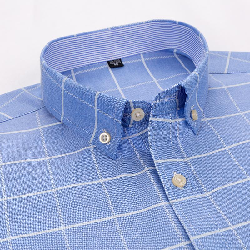 Men's Oxford Long Sleeve Square Collar Soild Plaid Striped Summer Casual Shirts Single Pocket  Shirt