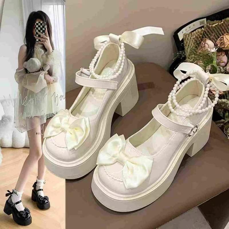 Fashion Mary's Shoes 2025 Summer New Style Princess Thick Heeled Lolita Shoes With Dress Bow Beading Small Leather Shoes For Women