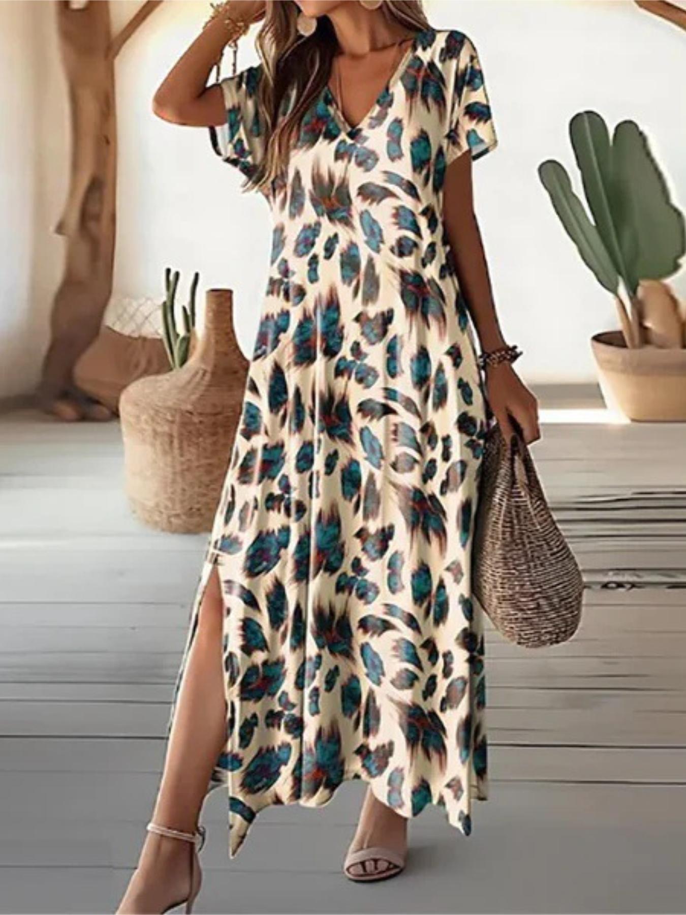 

Платье с V-образным вырезом и разрезом, платье длиной до колена с принтом, свободные платья с коротким рукавом, вечернее платье для клуба, повседневное платье 5XL хаки