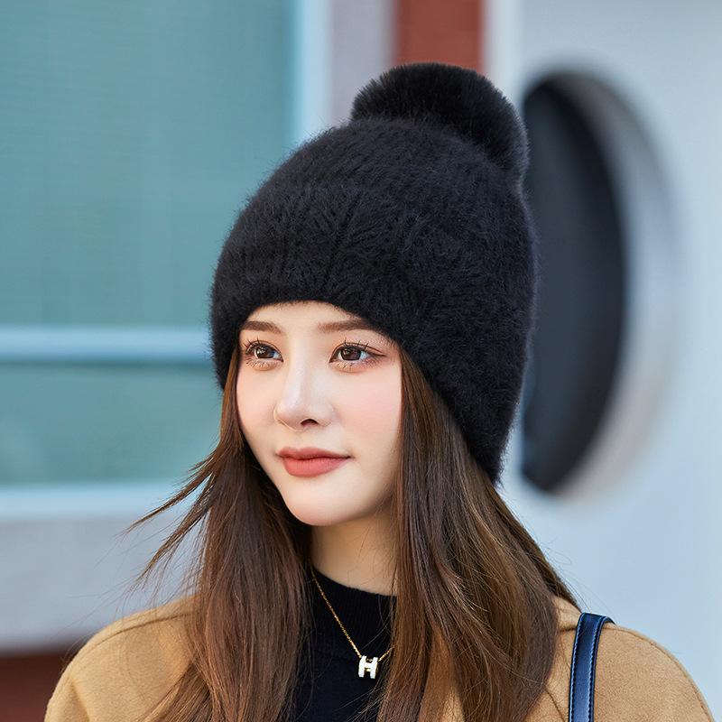 Women Winter Knit Beanie Hat Rabbit Fur Womens Winter Hats