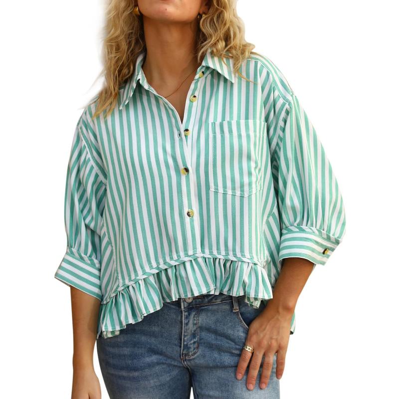 Women's Fashion Commuting Striped Lace Hem Loose Shirt Quarter Sleeve Shirt