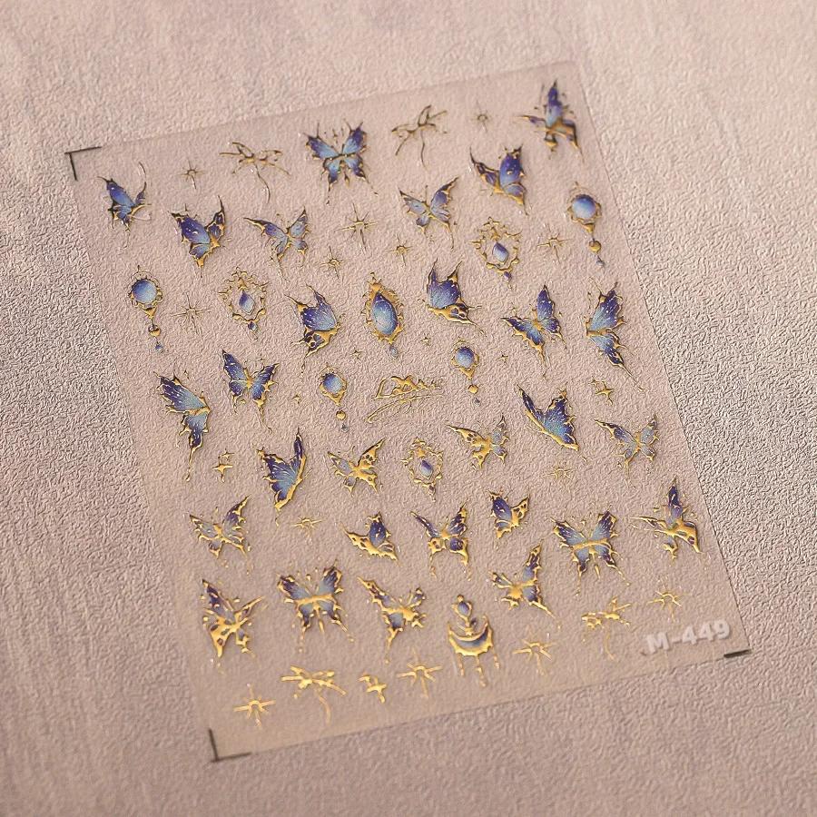 Shiny Jelly Butterfly Charming Golden Gradient Bowknot 5D Self Adhesive Nail Art Sticker Flower Petal Rhinestone Manicure Decals