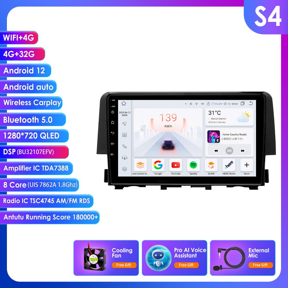 

OSSURET 2din Android Автомагнитола для Honda Civic 10-го поколения 2015 - 2021 Авторадио Мультимедийный Видеоплеер GPS Навигация Головное Устройство Интеллектуальный Carplay 4G BT S4 8Core 4G 32G AI