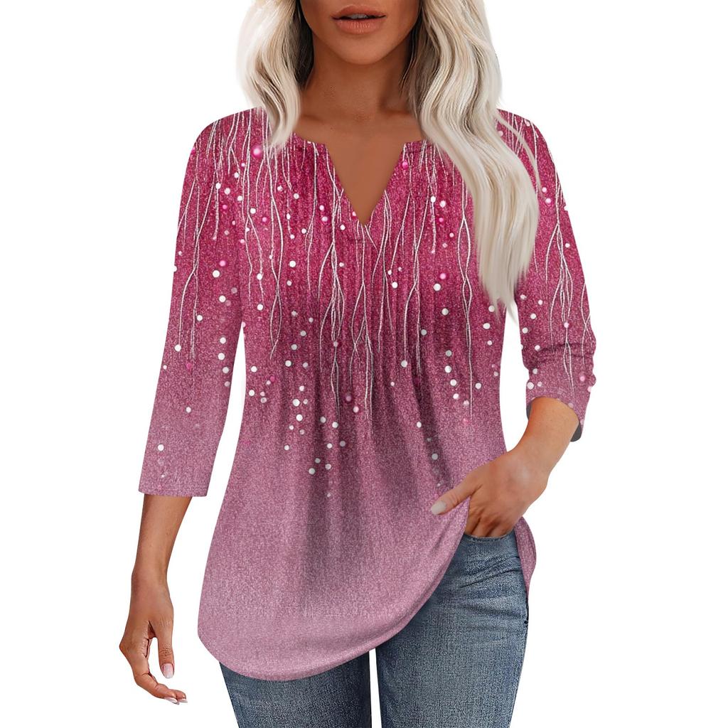 Modisches, lässiges T-Shirt mit plissiertem V-Ausschnitt und einfarbigen Siebenviertelärmeln für Damen