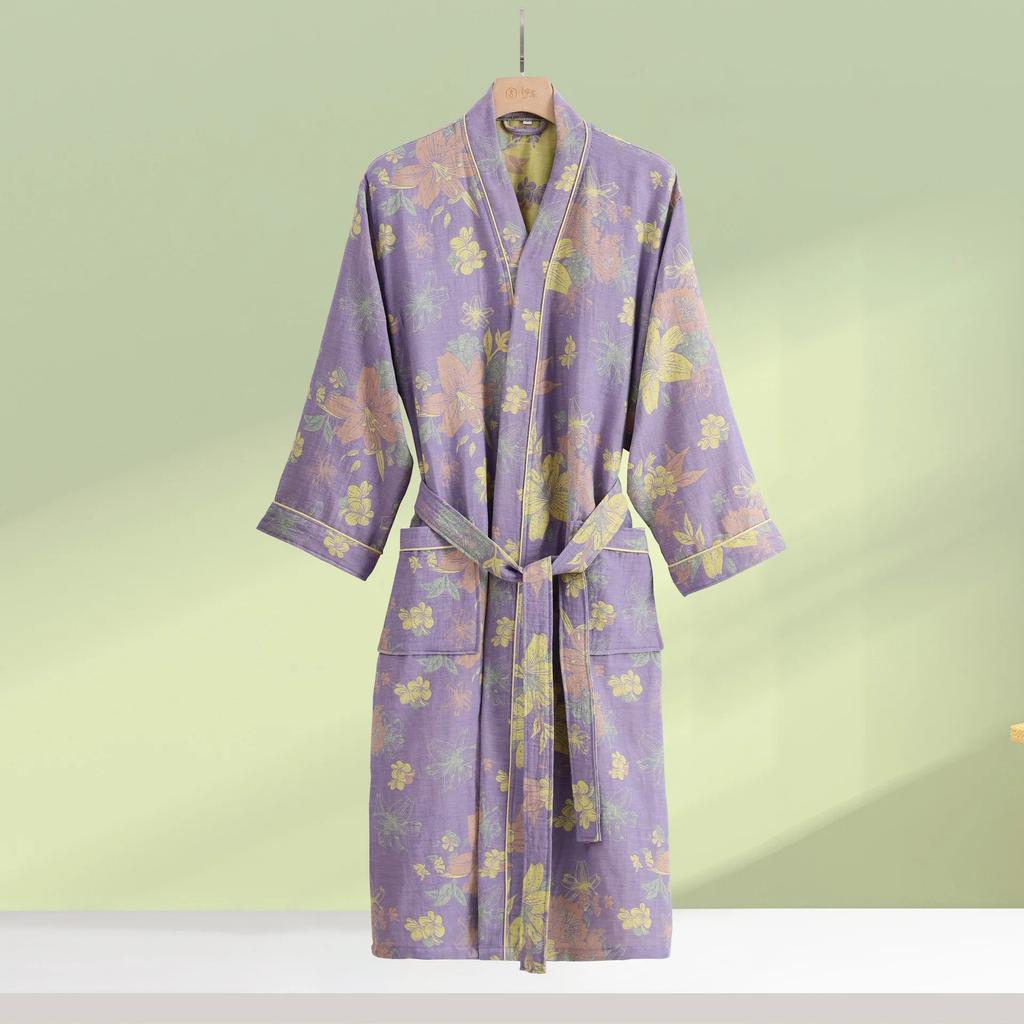 Print Flower Cotton Gauze Kimono Bathrobe Gown Female Robe Negligee Loose Home Dressing Gown Sleepwear Spring Summer Nightwear