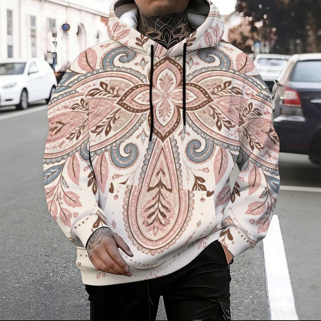 Men Plus Size Long Sleeve Drawstring Hoodie Blue White Printed Pullover With Kangaroo Pocket