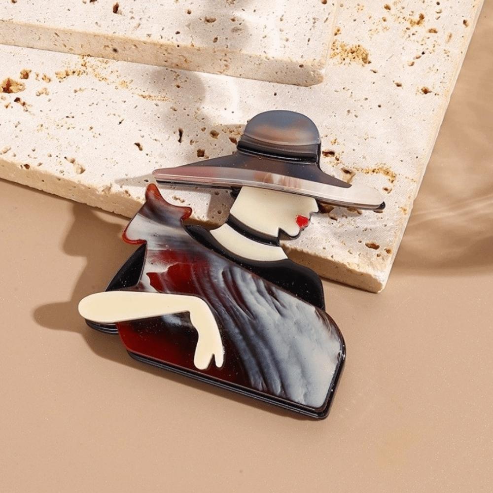 Acrylic Lady with Hat Brooch Cartoon Coat Badge Cute Women Portrait Pin  Clothing Accessories