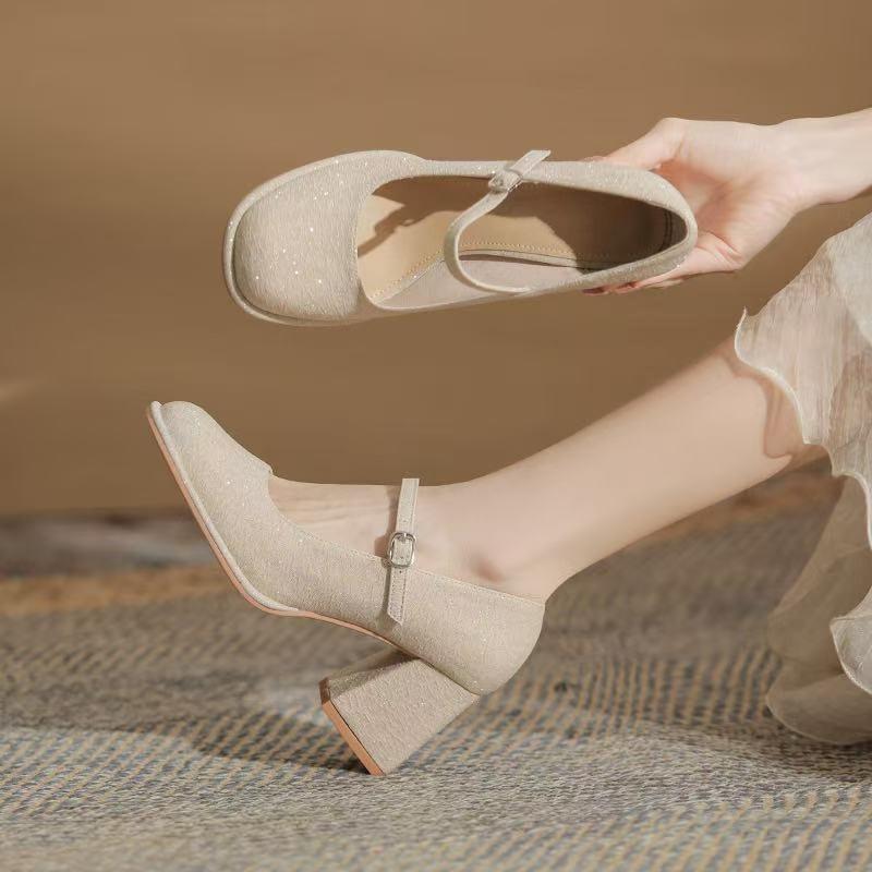 Fashion Shallow Thick Heel Single Shoes Women's 2025 Spring and Summer New Gentle Matching Skirt One-word Buckle Mary Jane Single Shoes