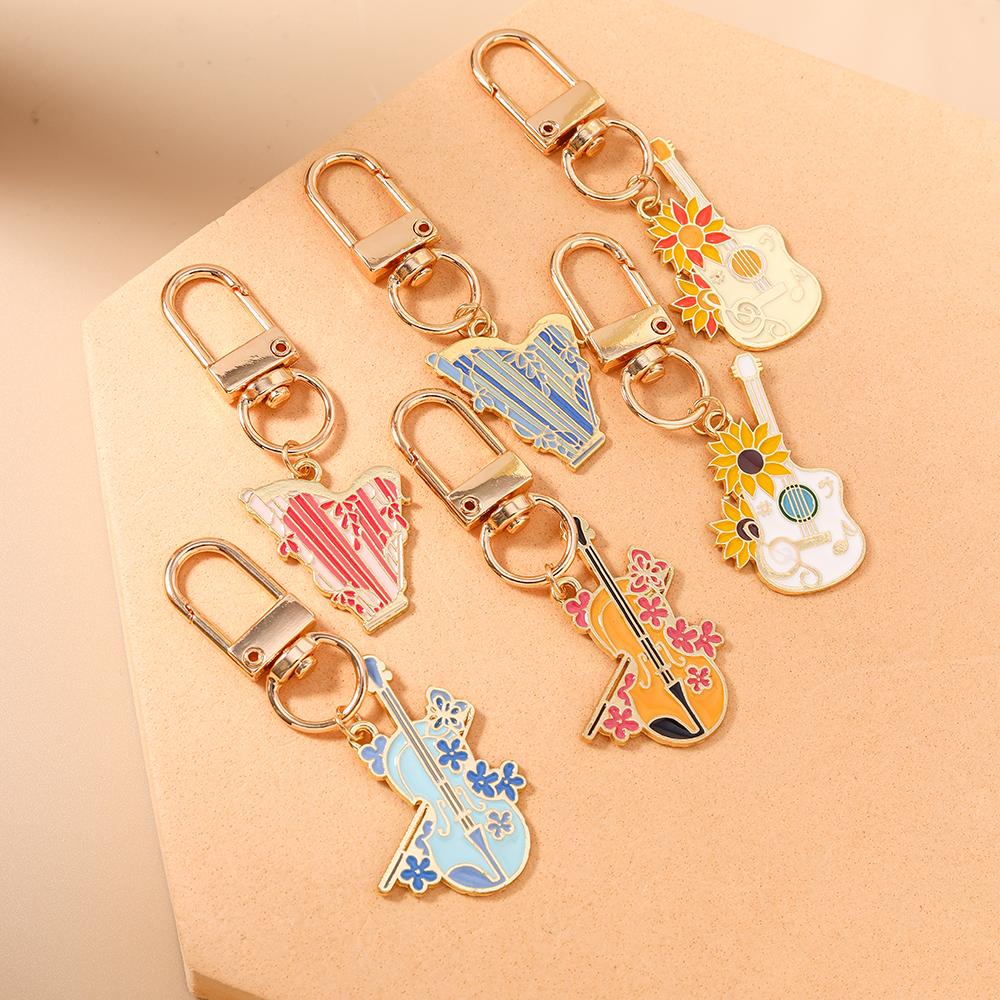 Cute Enamel Music Instrument Key Chain Guitar Violin Key Ring Pendants for Women Girls Handbag Decor DIY Handmade Jewelry Gift
