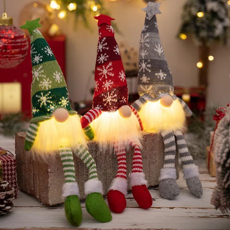 Gnome Ornaments LED Light Plush Knitting Crafts Tree Pendant Christmas Faceless Doll Christmas Decorations for Home Kids Gift