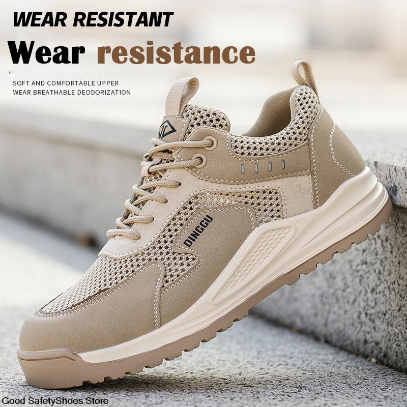 Calçados de segurança de malha respirável para homens, tênis de trabalho, calçados anti-esmagamento indestrutíveis, leves, com biqueira de aço, calçados de trabalho masculinos