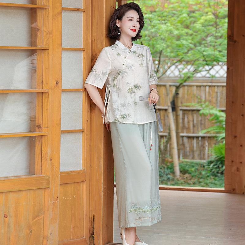 

Mother s Ethnic Suit: Summer New Arrival for Middle-Aged and Elderly Women, Short-Sleeved Top & Plus Size Wide-Leg Pants Set. 3XL (115-130 jin)