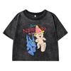 Pet Dinosaur American Printing Women Washed Short T-Shirt Soft  Street Distress T Shirts Breathable Midriff-Baring Tshirt