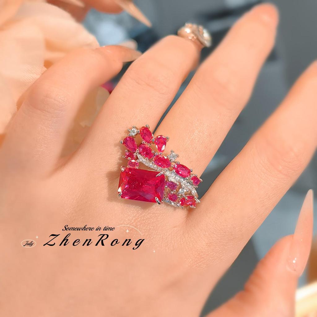 Red Corundum Ring: Light Luxury Niche Design with Simulated Pigeon Blood Red Diamond - Women's Engagement Jewelry